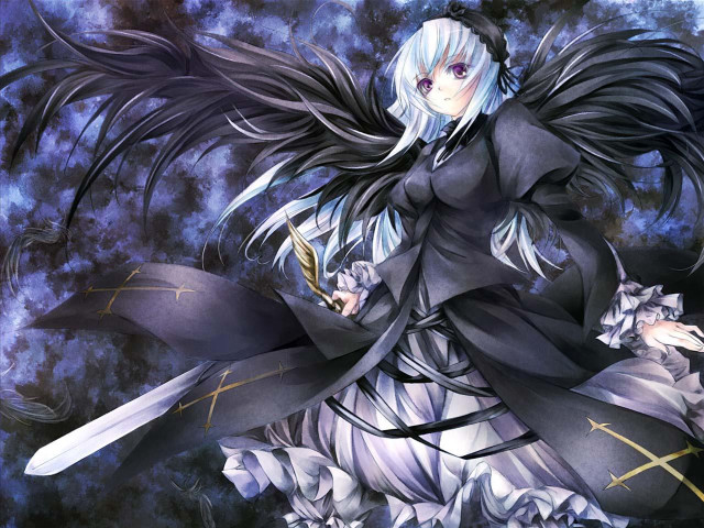 White haired woman black wings #2 free wallpaper for desktop - medium preview image