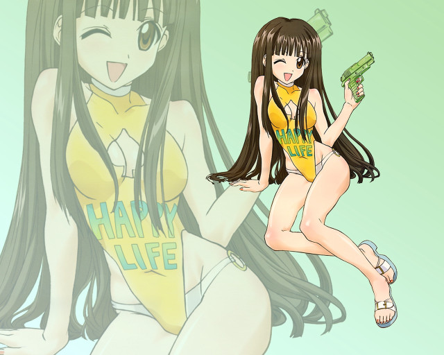 Girl yellow bathing suit gun free wallpaper for desktop - medium preview image