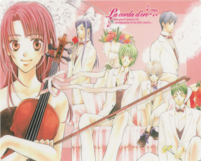 Red haired violin ensemble pink free wallpaper for desktop - medium preview image