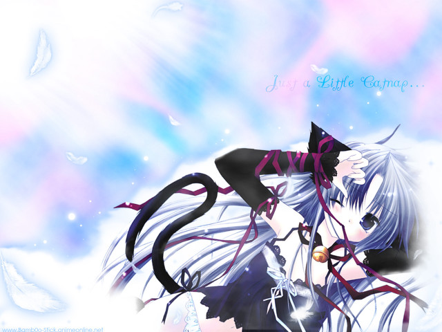 Anime catgirl blue gothic feathers free wallpaper for desktop - medium preview image