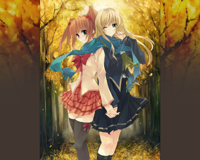 Autumn anime girls forest leaves free wallpaper for desktop - medium preview image