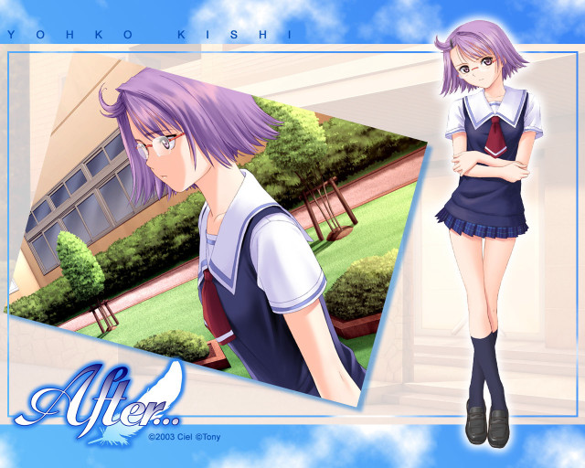 Girl schooluniform building outdoors purplehair free wallpaper for desktop - medium preview image