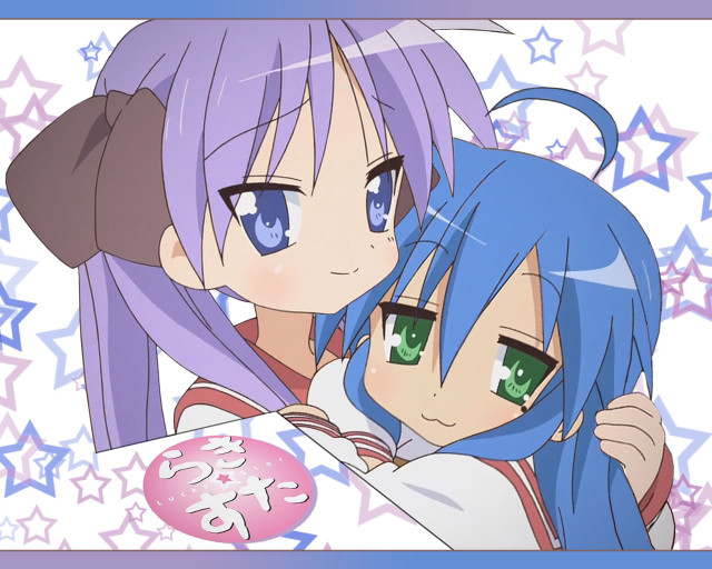 Bluehair greeneyes twoanimegirls hugging stars free wallpaper for desktop - medium preview image