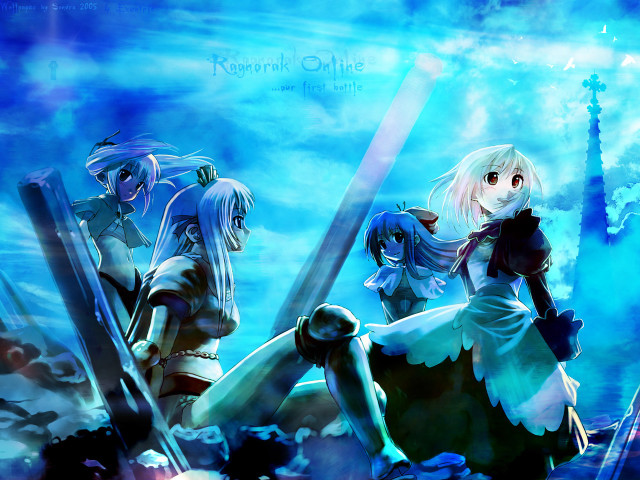 Anime girls blue clouds ocean free wallpaper for desktop - medium preview image