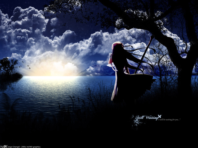 Woman bench ocean night moon free wallpaper for desktop - medium preview image