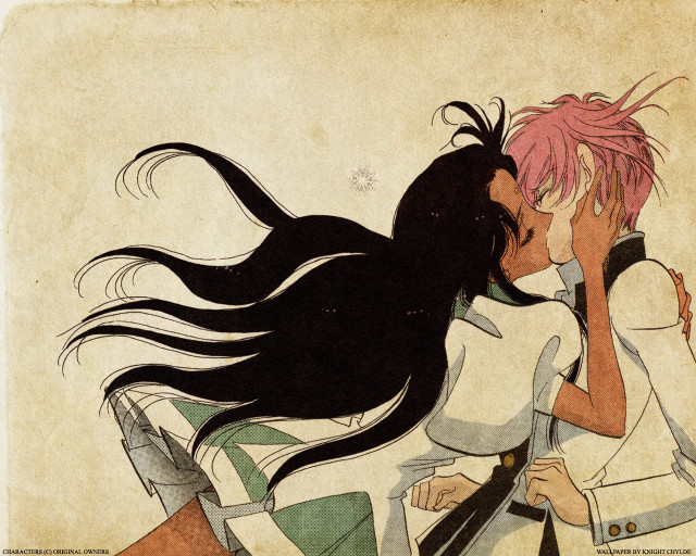 Anime kiss pinkhair longhair whitegreen free wallpaper for desktop - medium preview image
