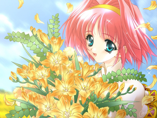 Pink hair girl flower bouquet free wallpaper for desktop - medium preview image