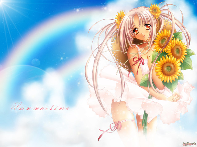 Girl sunflower rainbow anime outdoors free wallpaper for desktop - medium preview image