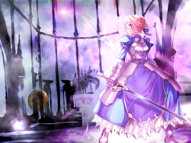 Purple armored woman sword glowing free wallpaper for desktop - medium preview image