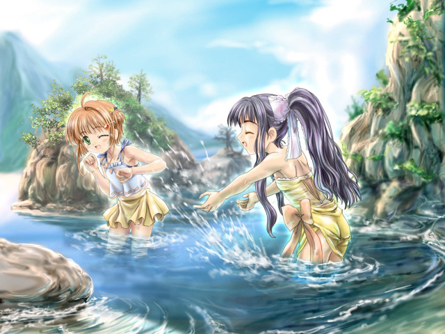 Anime girls water rock formation free wallpaper for desktop - medium preview image