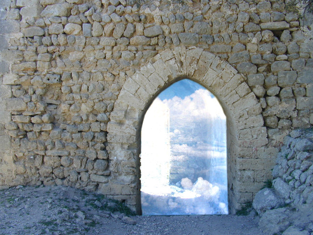 Stone wall window sky reflection free wallpaper for desktop - medium preview image