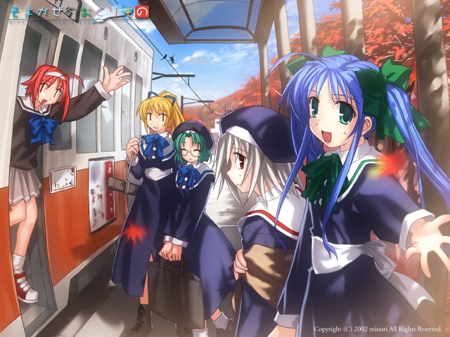 Anime girls train station autumn free wallpaper for desktop - medium preview image
