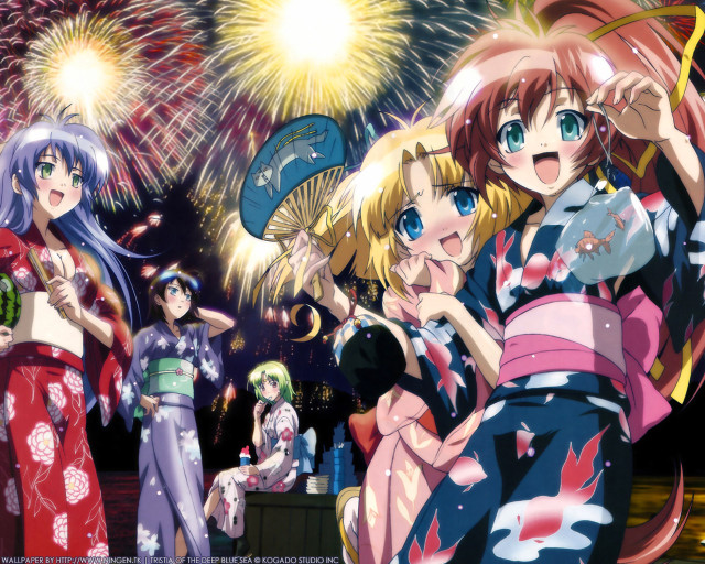 Anime girls fireworks kimono festival free wallpaper for desktop - medium preview image