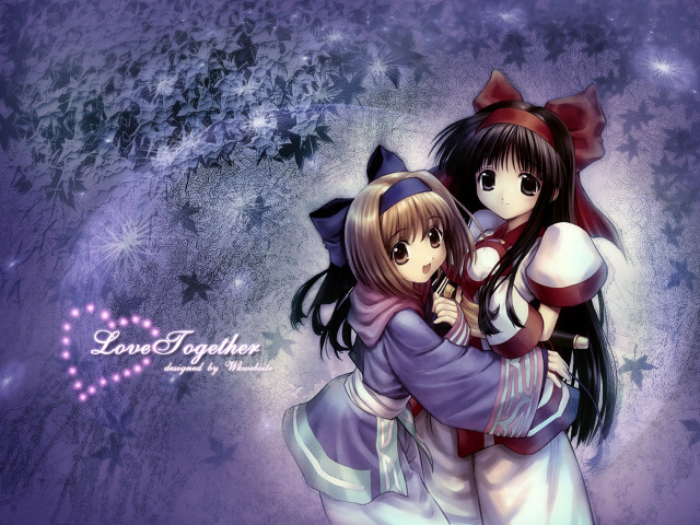 Anime sisters hug purple background free wallpaper for desktop - medium preview image