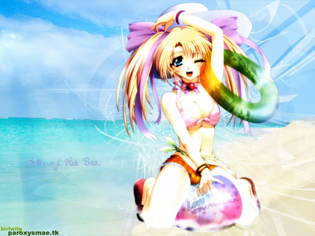 Beach bikini anime girl green free wallpaper for desktop - medium preview image