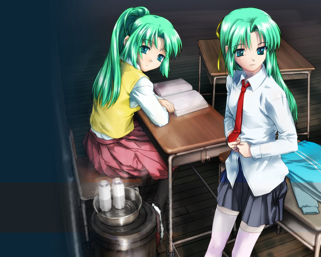 Anime girls school uniform desk free wallpaper for desktop - medium preview image