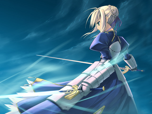 Woman blue dress sword clouds free wallpaper for desktop - medium preview image