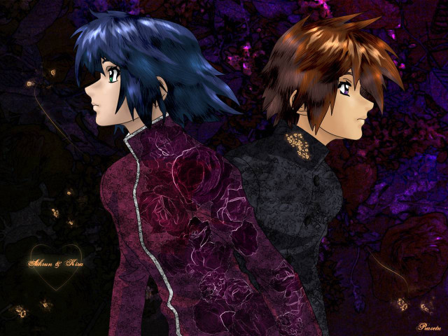 Anime characters purple background hearts free wallpaper for desktop - medium preview image