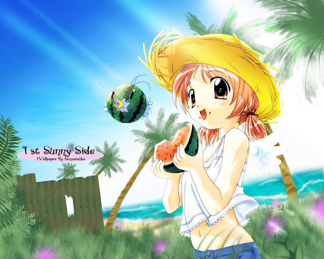 Girl yellowhat fruit greenball summer free wallpaper for desktop - medium preview image