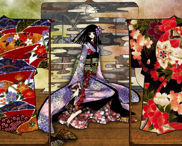 Woman kimono butterfly flowers sitting free wallpaper for desktop - medium preview image