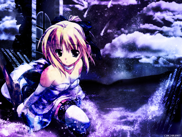 Anime girl blue dress bench free wallpaper for desktop - medium preview image