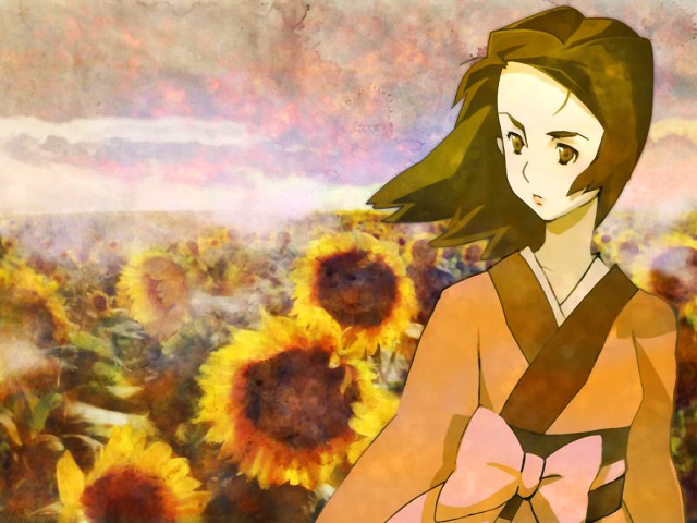 Woman sunflowers autumn fire kimono free wallpaper for desktop - medium preview image