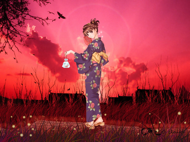 Kimono woman field bird sunset free wallpaper for desktop - medium preview image