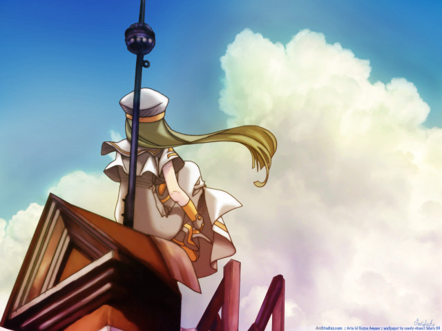 Cartoon girl roof flag clouds free wallpaper for desktop - medium preview image