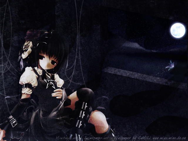 Moonlit gothic anime woman blackdress free wallpaper for desktop - medium preview image