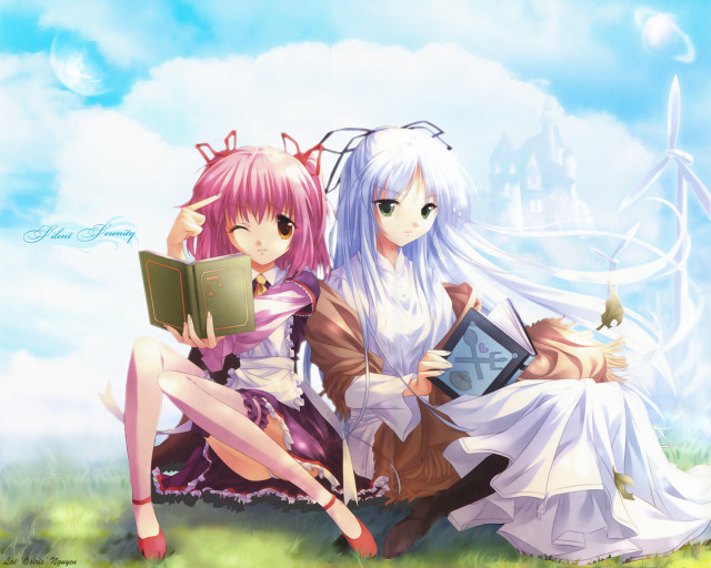 Anime girls reading outdoors green free wallpaper for desktop - medium preview image