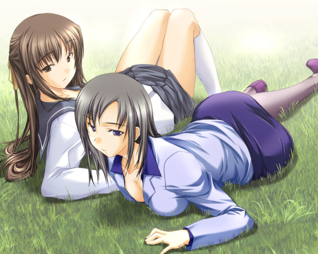 Anime girls laying on grass free wallpaper for desktop - medium preview image