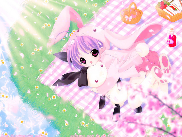 Anime bunny gardening picnic daisies free wallpaper for desktop - medium preview image
