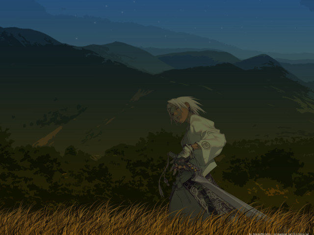 Woman sword field mountains night free wallpaper for desktop - medium preview image
