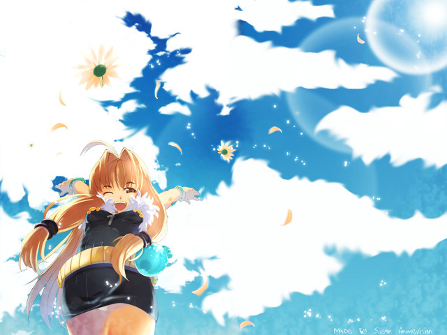 Anime girl gun sunflowers clouds free wallpaper for desktop - medium preview image
