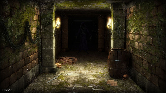 Creepy hallway barrel light figure free wallpaper for desktop - medium preview image