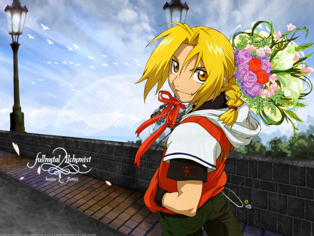 Blonde boy flower bouquet urban free wallpaper for desktop - medium preview image