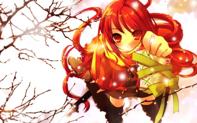 Redhair girl knife cherryblossoms tree free wallpaper for desktop - medium preview image