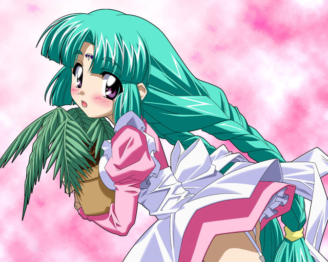 Green hair girl plant pink free wallpaper for desktop - medium preview image