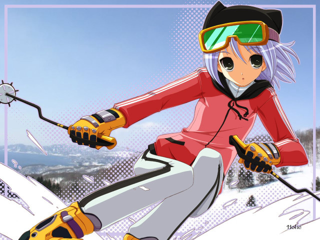 Woman red jacket skiing anime free wallpaper for desktop - medium preview image