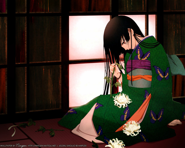 Woman green kimono flower sitting free wallpaper for desktop - medium preview image