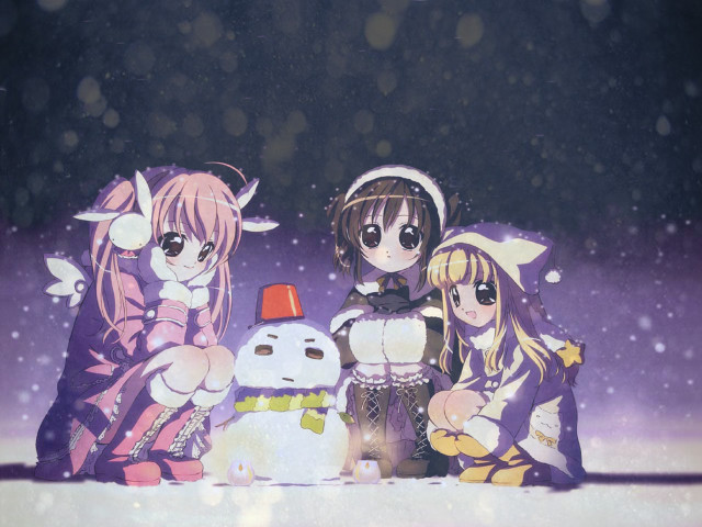 Anime girls snowman night star free wallpaper for desktop - medium preview image