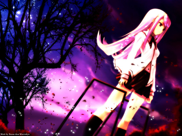 Anime girl ladder tree night free wallpaper for desktop - medium preview image