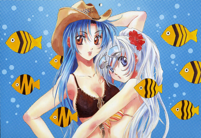 Anime couple hugging fish blue free wallpaper for desktop - medium preview image