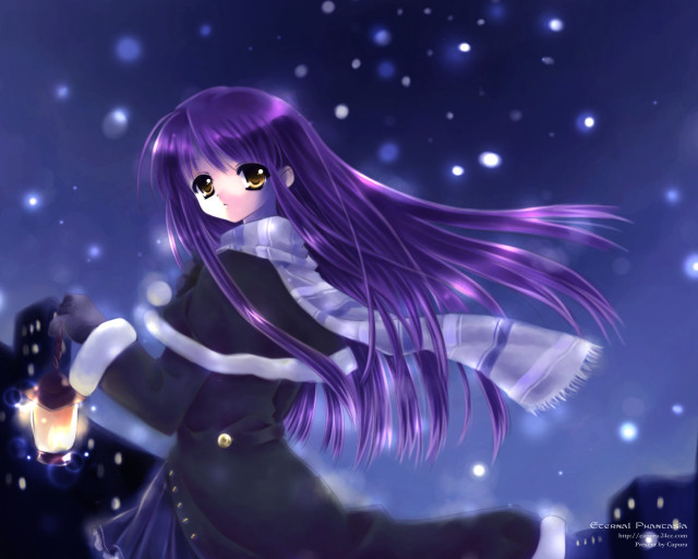 Purple haired girl snow lantern free wallpaper for desktop - medium preview image