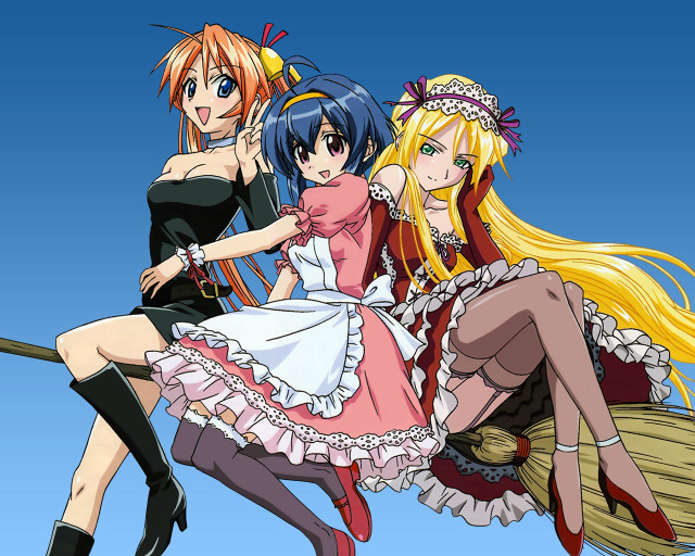 Three anime girls brooms costumes free wallpaper for desktop - medium preview image