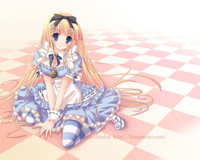 Girl checkered floor blue dress free wallpaper for desktop - medium preview image