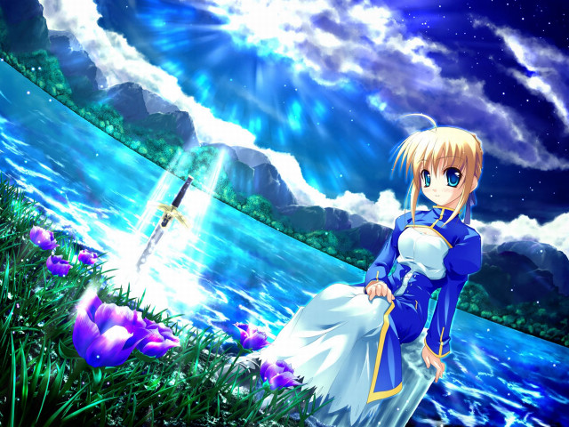 Anime girl blue dress sword free wallpaper for desktop - medium preview image