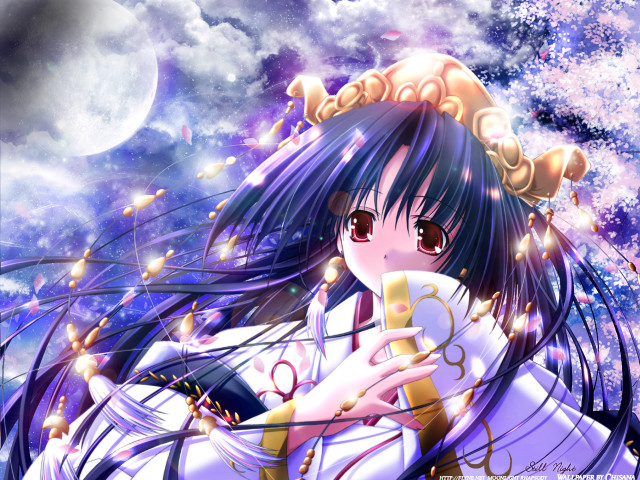 Anime girl fullmoon cherryblossoms japanese free wallpaper for desktop - medium preview image