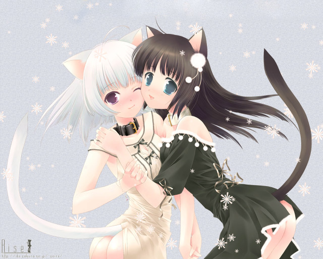 Anime girls hugging snowflakes stars free wallpaper for desktop - medium preview image