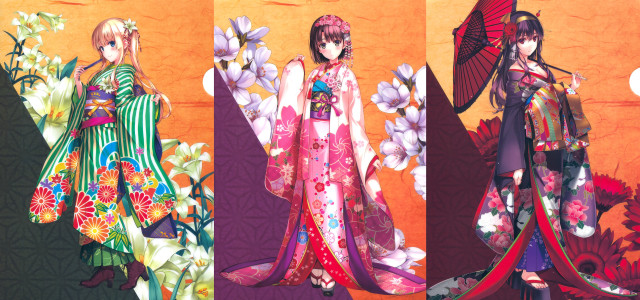 Anime characters colorful outfits umbrellas free wallpaper for desktop - medium preview image